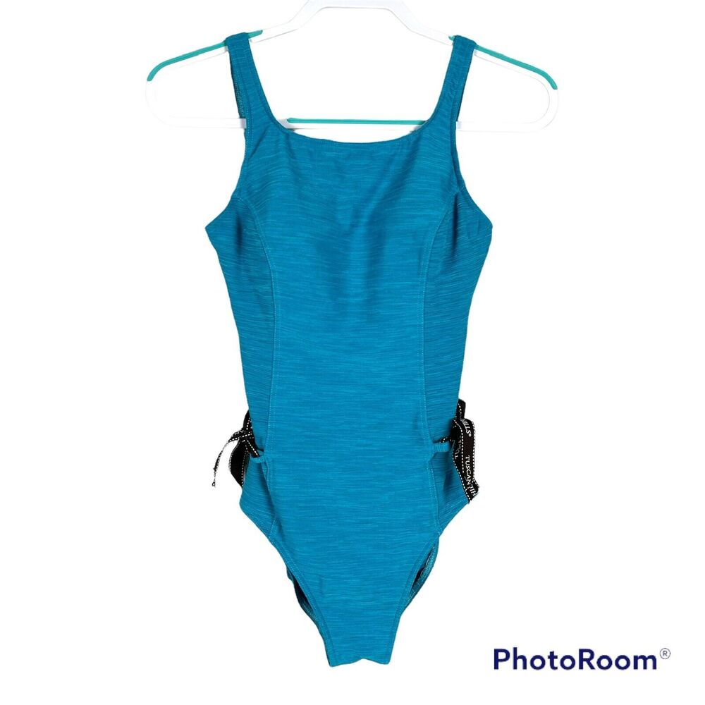 Christina Sz 10 Blue Turquoise One Piece Swimsuit Waist Cinching Side Ties